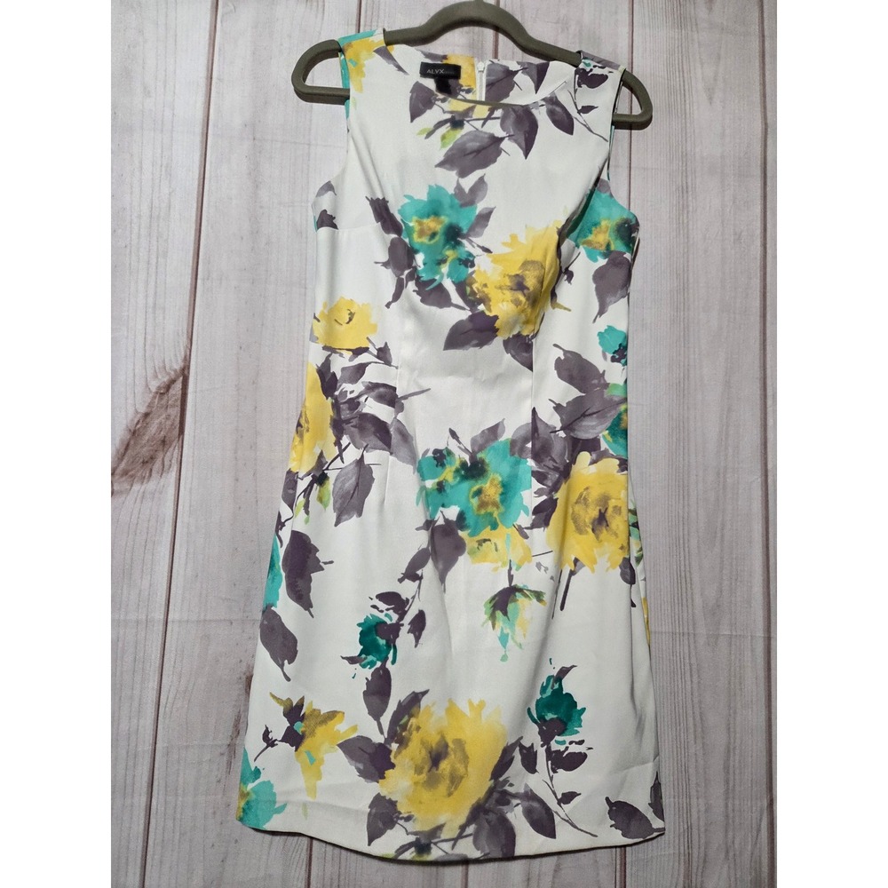 ALYX Dress Womens 6 Floral Sheath Sleeveless Yellow Teal White Stretch Crew Neck
